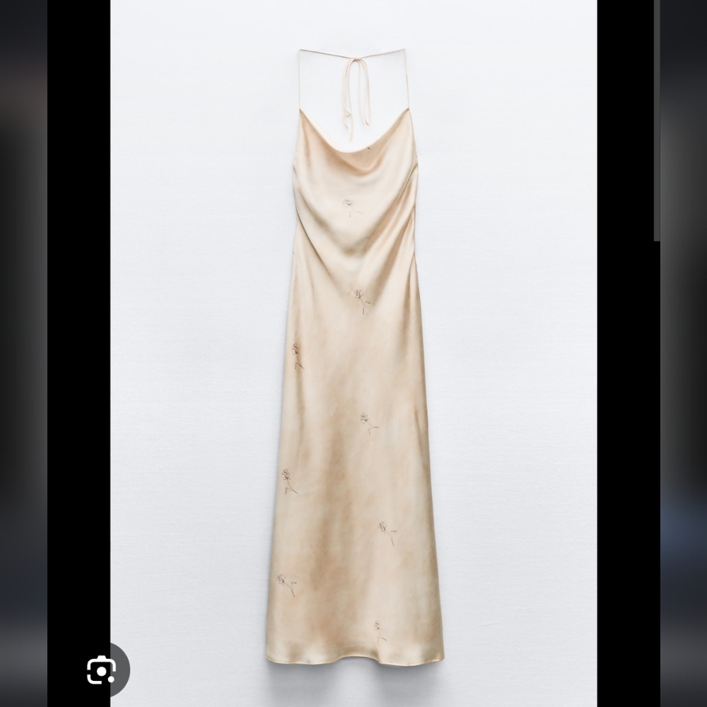 Zara Satiny Floral Print Open Back Elegant Cream Maxi Dress - Picture 3 of 3